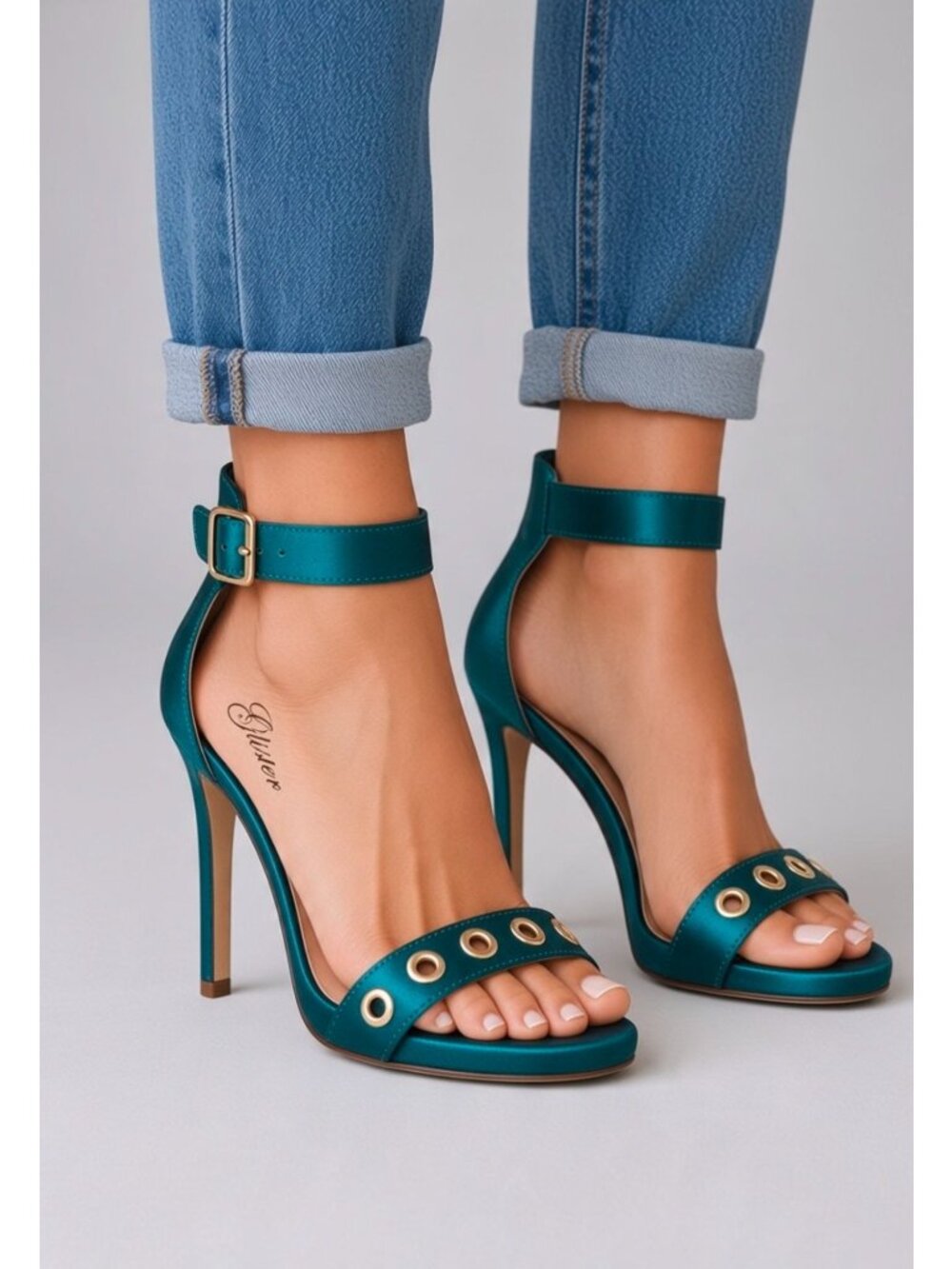 Teal Satin Ankle Strap High Heel Sandals With Buckle & Metal Eyelet Detail